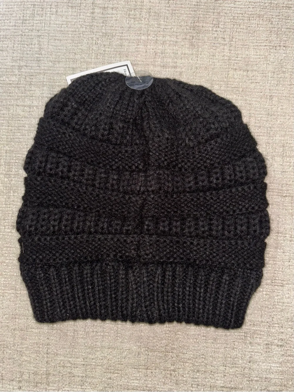 NWT C.C Black Messy Bun Ponytail Beanie Cap Cable Knit Winter Hat Toboggan OS
